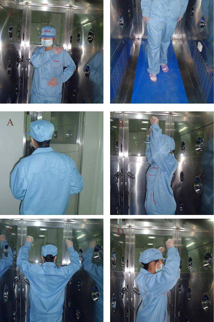 進入風淋室前無塵服應穿著得當，袖口和領口需拉緊，避免衣物內外的塵埃進入。